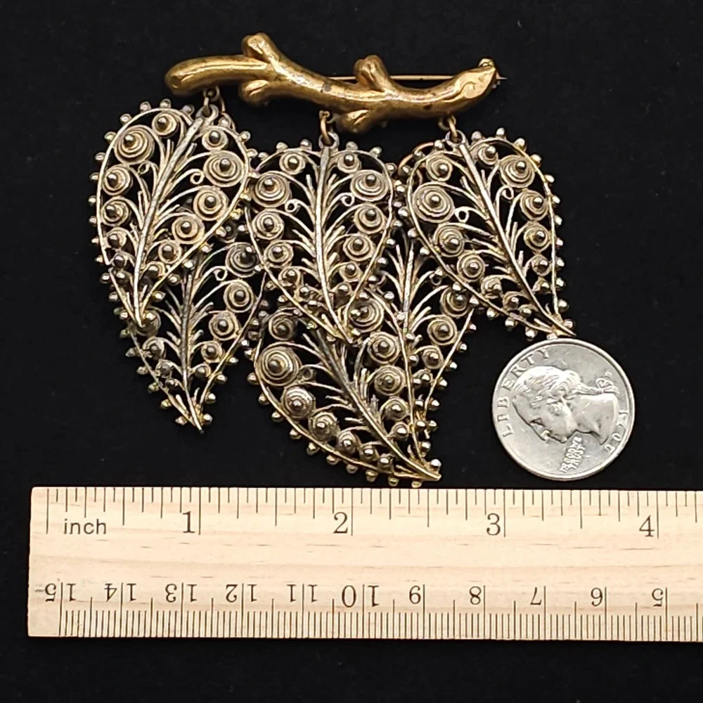 Vintage Filigree Dangle Leaf Brooch Statement‎ Nature Gold & Silver Tone Ornate